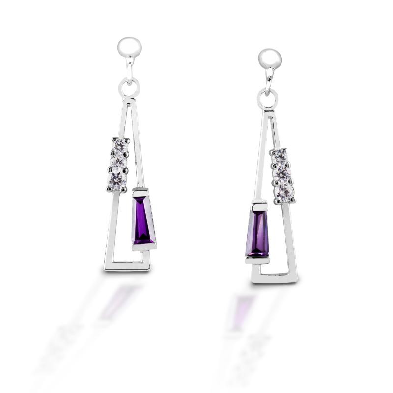 925 Silver Elongated Triangle With Clear Round And Purple Color Tapered Cut Cz