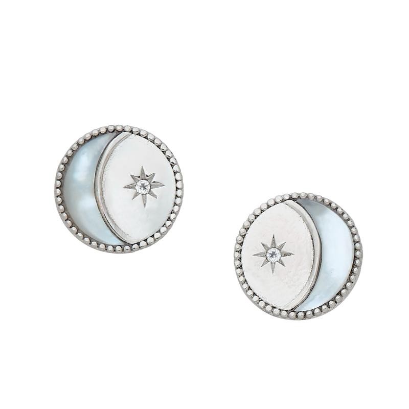 925 Silver Moon And Star Earrings With Mother Of Pearl + Genuine White Topaz