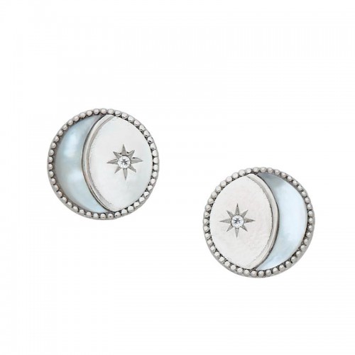 925 Silver Moon And Star Earrings With Mother Of Pearl + Genuine White Topaz