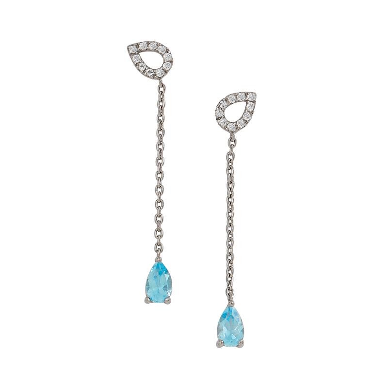 925 Silver Post Earrings With Genuine White Topaz Open Teardrop And Sky Blue Topaz Drop