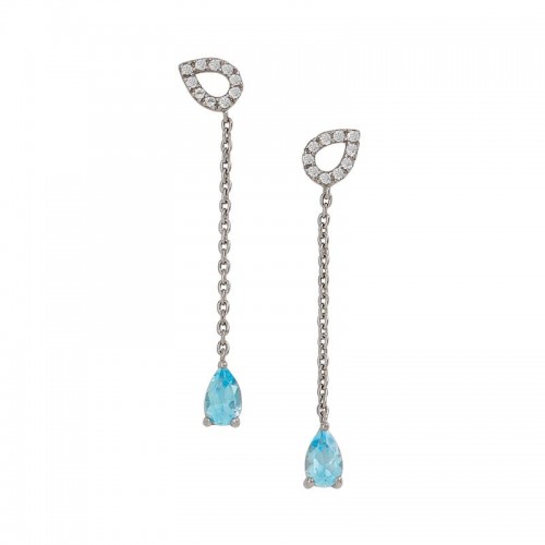 925 Silver Post Earrings With Genuine White Topaz Open Teardrop And Sky Blue Topaz Drop