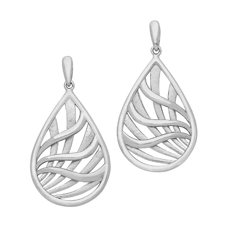 925 Silver Sandblasted And Shiny Waves Of The Sea In Water Drop Shape Post Earrings