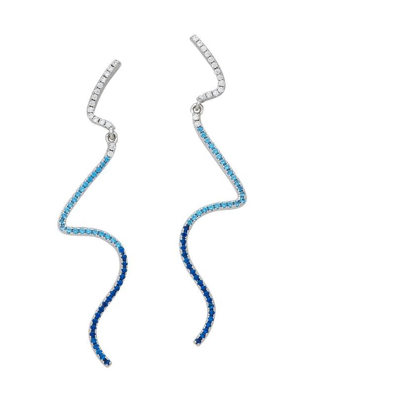 925 Sterling Silver Squiggle Line Swing Post Earrings With Clear, Sky Blue And Dark Blue Cz'S