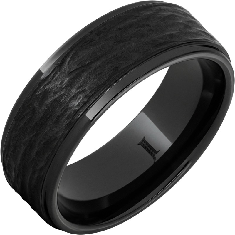 Black Diamond Ceramic&trade; Ring with Hand Carved Bark Engraving