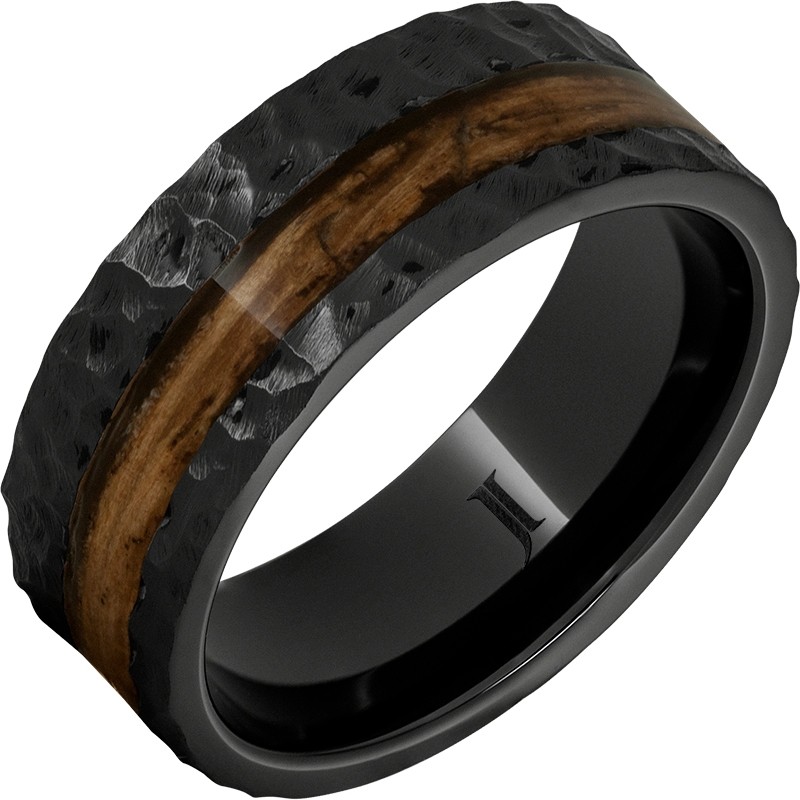Barrel Aged&trade; Black Diamond Ceramic&trade; Ring with Bourbon Wood Inlay and Moon Crater Carving
