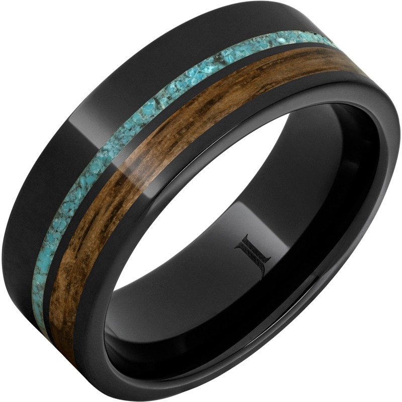 Barrel Aged&trade; Black Diamond Ceramic&trade; Ring with Bourbon Wood and Turquoise Inlays
