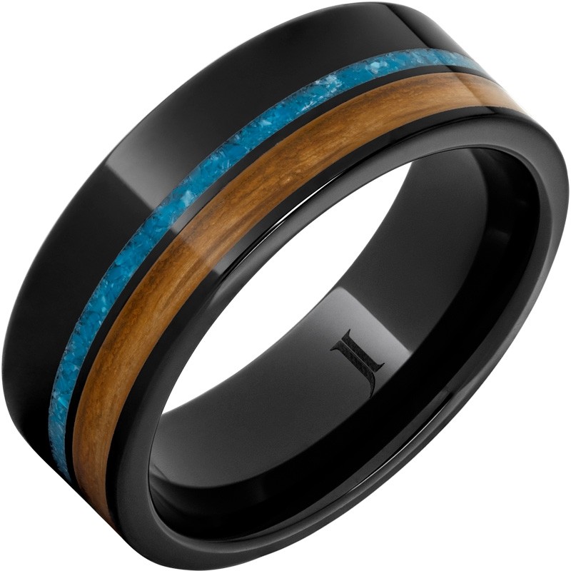 Barrel Aged&trade; Black Diamond Ceramic&trade; Ring with Cognac Wood and Turquoise Inlays