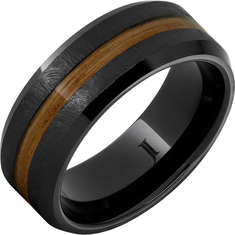 Barrel Aged&trade; Black Diamond Ceramic&trade; Ring with Single Malt Scotch Whiskey Wood Inlay and Grain Finish