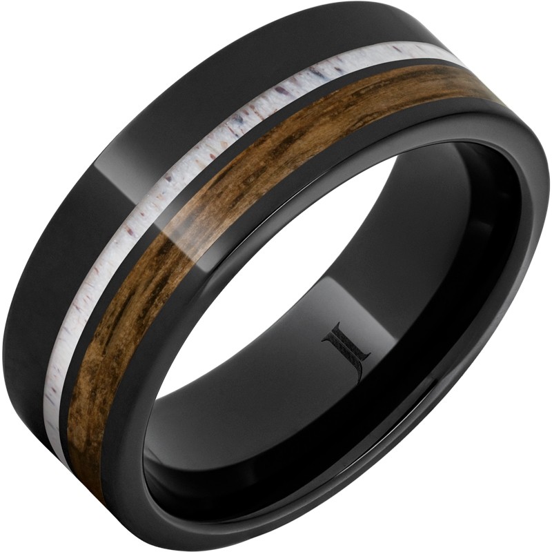 Barrel Aged&trade; Black Diamond Ceramic&trade; Ring with Bourbon Wood and Deer Antler Inlays