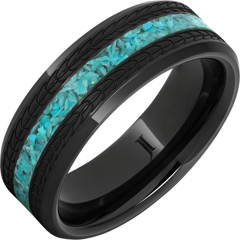 Black Diamond Ceramic &trade;Turquoise Ring with Eagle Feather Engraving