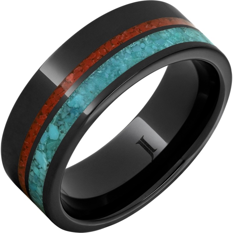 Black Diamond Ceramic&trade; Ring with Coral and Turquoise Inlays