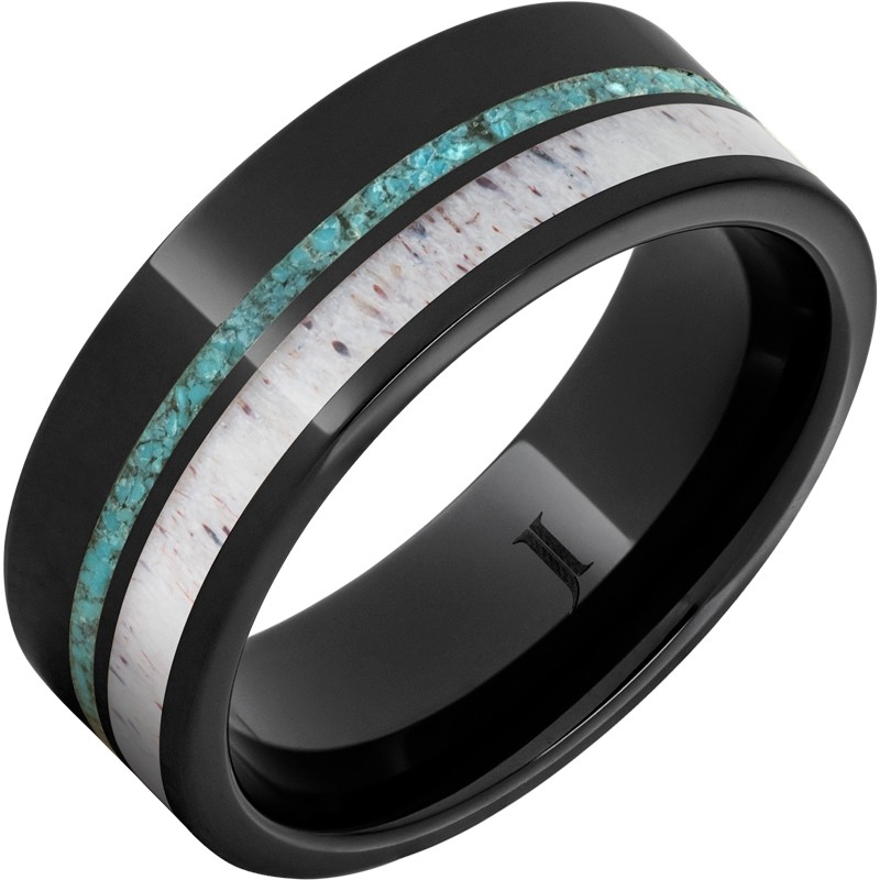 Black Diamond Ceramic&trade; Ring with Turquoise and Antler Inlays