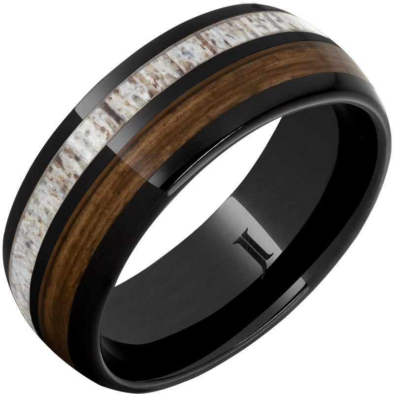 Barrel Aged&trade; Black Diamond Ceramic&trade; Ring with Bourbon Barrel Wood and Antler Inlays