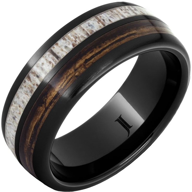 Barrel Aged&trade; Black Diamond Ceramic&trade; Ring with Bourbon Barrel Wood and Antler Inlays Satin