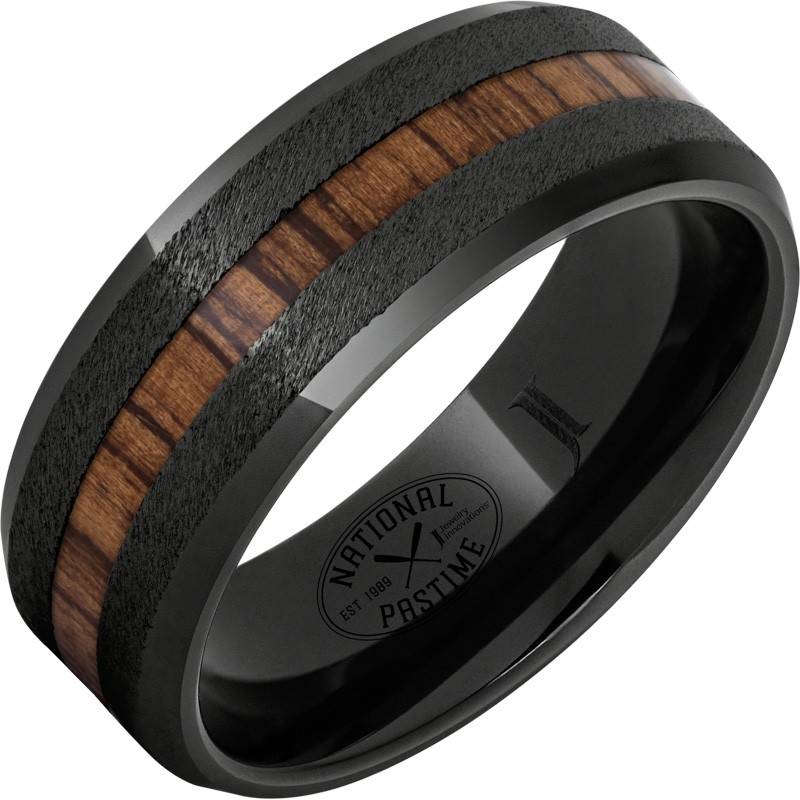 Black Diamond Ceramic&trade; Ring with Vintage Hickory Baseball Bat Wood Inlay and Grain Finish