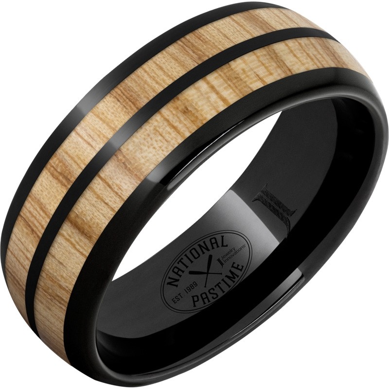 National Pastime Collection&trade; Black Diamond Ceramic&trade; Dome Ring with Vintage White Ash Baseball Bat Wood Inlays