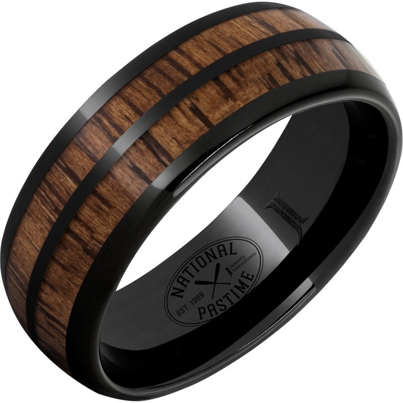 National Pastime Collection&trade; Black Diamond Ceramic&trade; Dome Ring with Vintage Hickory Baseball Bat Wood Inlays