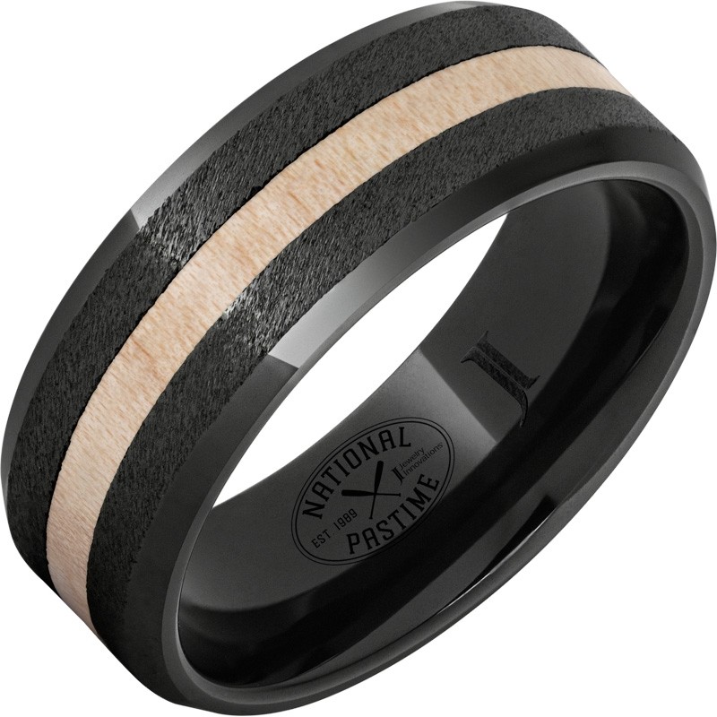 National Pastime Collection&trade; Black Diamond Ceramic&trade; Ring with Maple Vintage Baseball Bat Wood Inlay and Grain Finish