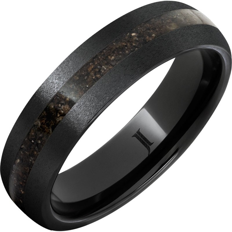 Black Diamond Ceramic&trade; Ring with Grey Dinosaur Fossil Bone Inlay