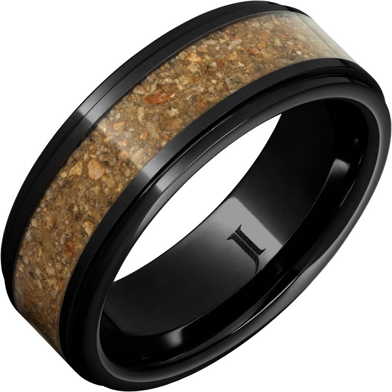 Black Diamond Ceramic&trade; Ring with Tan-Brown Dinosaur Bone Fossil Inlay and Flat Recessed Edges