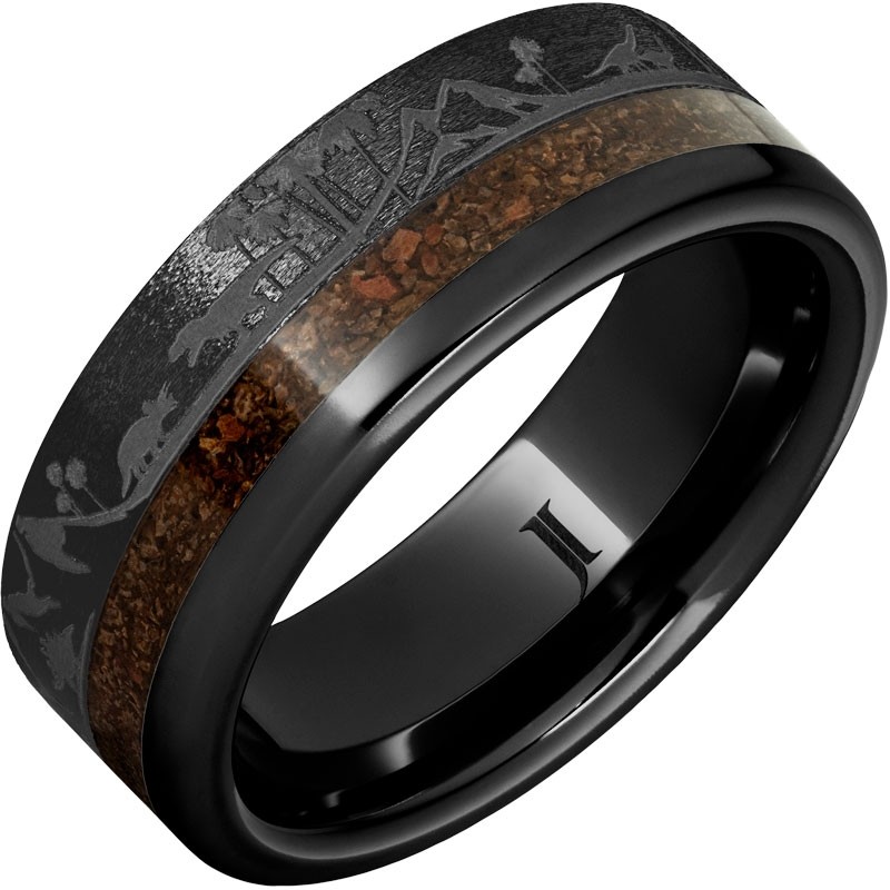 Black Diamond Ceramic&trade; Ring with Dinosaur Bone Inlay and Dinosaur Landscape Engraving
