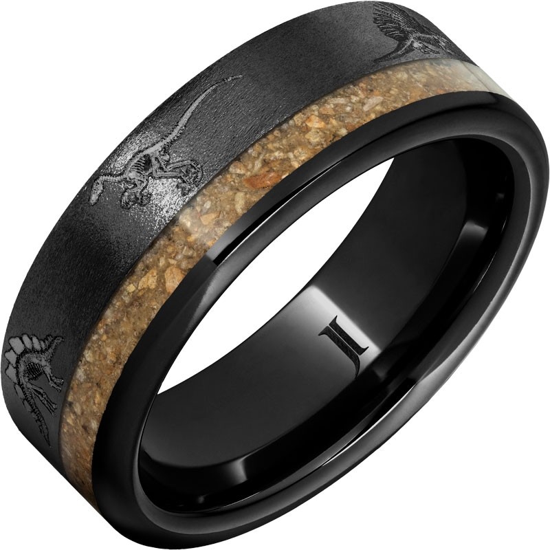 Dinosaur Skeleton Black Diamond Ceramic&trade; Ring with Dinosaur Fossil Inlay
