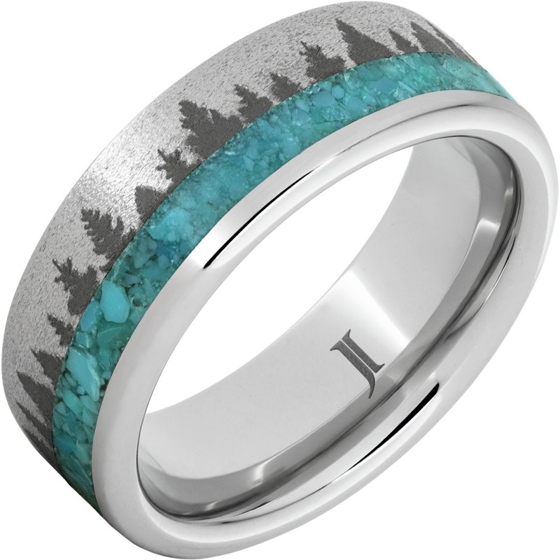 Serinium&reg; Ring with Turquoise Inlay, Pine Forest Engraving and Stone Finish
