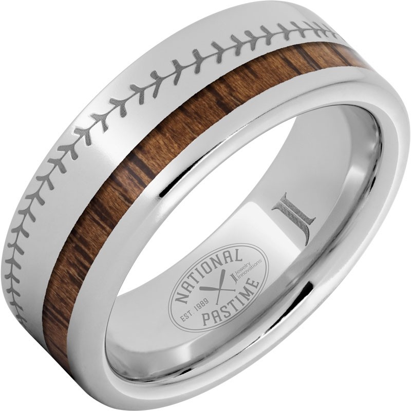 National Pastime Collection&trade; Serinium&reg; Ring with Hickory Vintage Baseball Bat Wood Inlay and Baseball Stitch Engraving