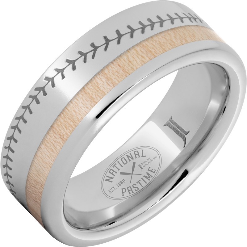 National Pastime Collection&trade; Serinium&reg; Ring with Maple Vintage Baseball Bat Wood Inlay and Baseball Stitch Engraving