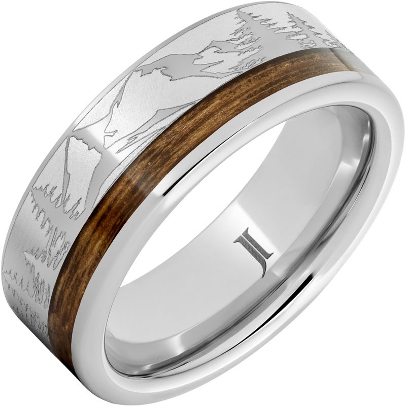 Serinium&reg; Ring with Bourbon Barrel Inlay And Mountain Pine Forest Engraving