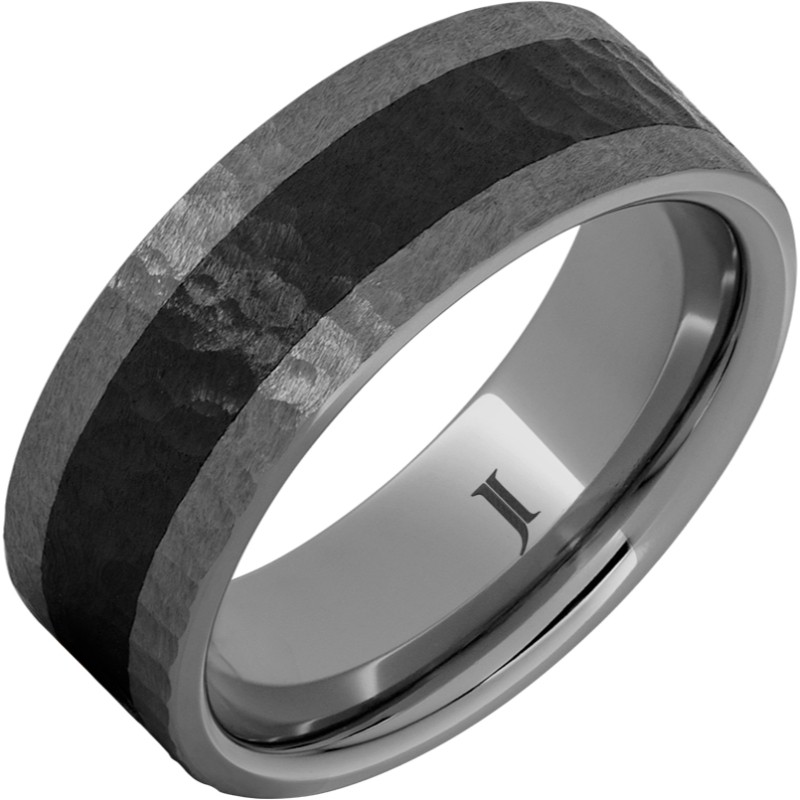 Rugged Tungsten&trade; Ring With Black Ceramic Inlay and Hand Carved Hammer Finish