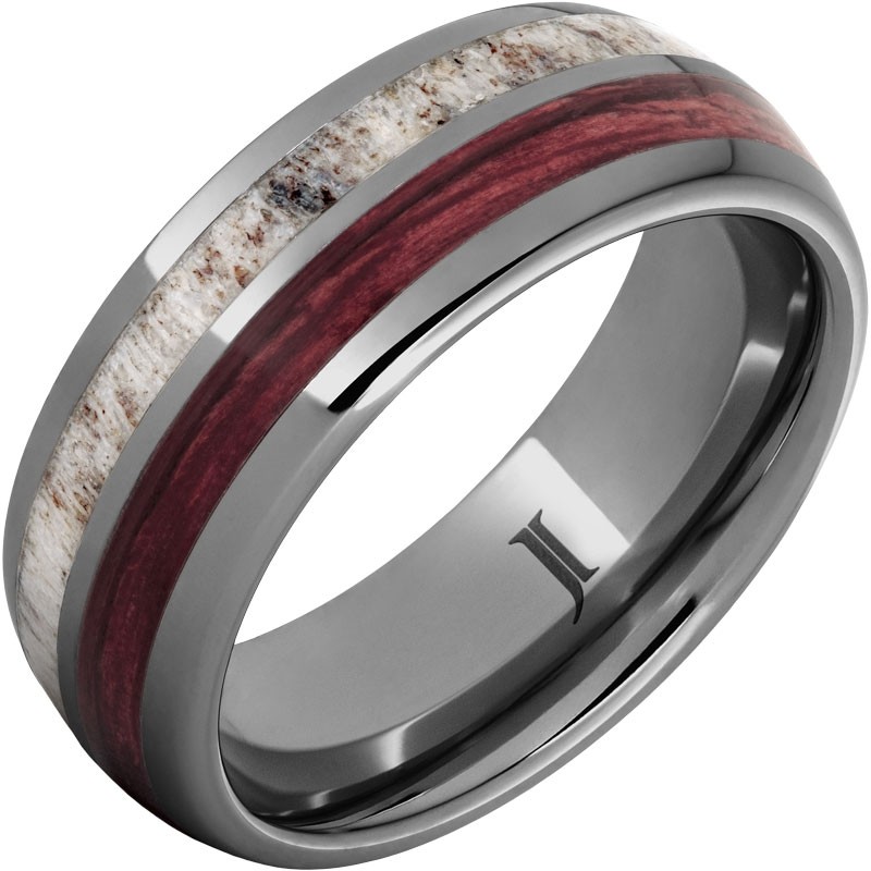 Barrel Aged&trade; Rugged Tungsten&trade; Ring with Cabernet Barrel Wood and Antler Inlays