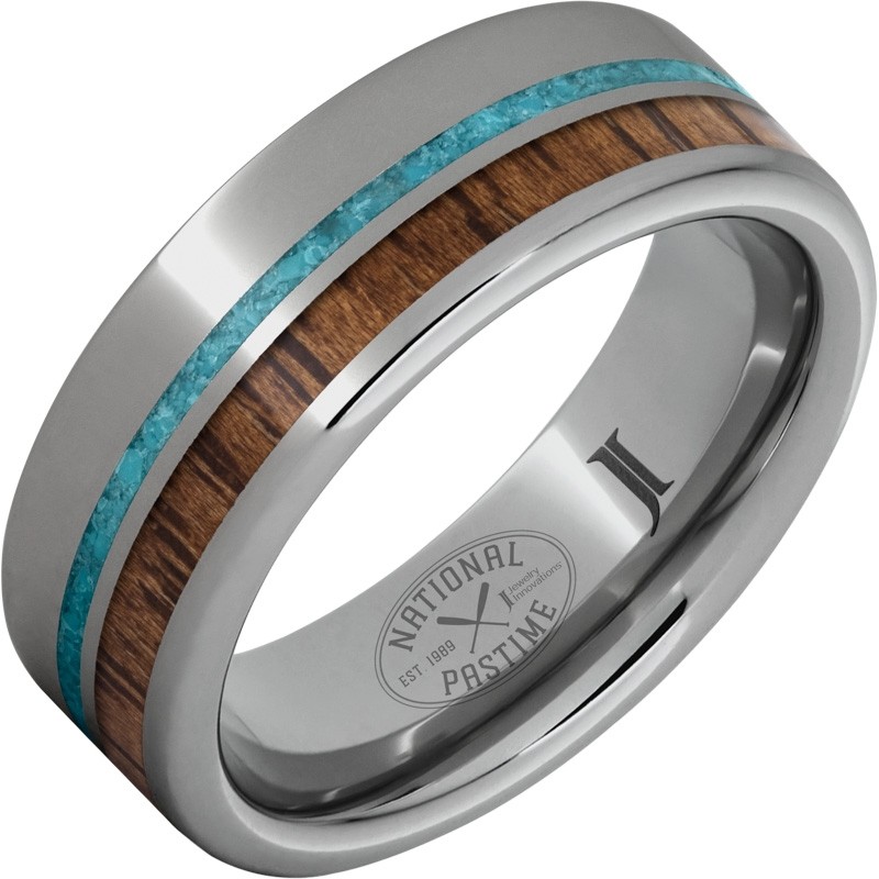 National Pastime Collection&trade; Rugged Tungsten&trade; Ring with Hickory Vintage Baseball Bat Wood and Turquoise Inlays