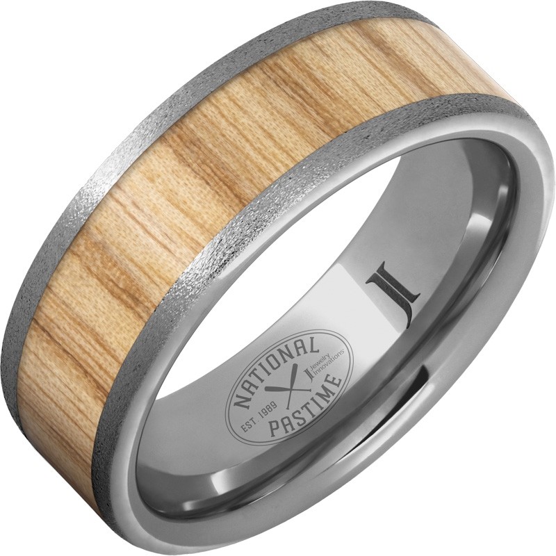 National Pastime Collection&trade; Rugged Tungsten&trade; Ring with White Ash Vintage Baseball Bat Wood Inlay and Stone Finish