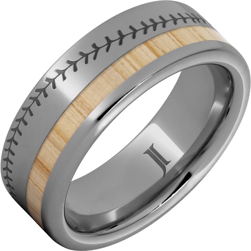 National Pastime Collection&trade; Rugged Tungsten&trade; Ring with White Ash Vintage Baseball Bat Wood Inlay and Baseball Stitch Engraving