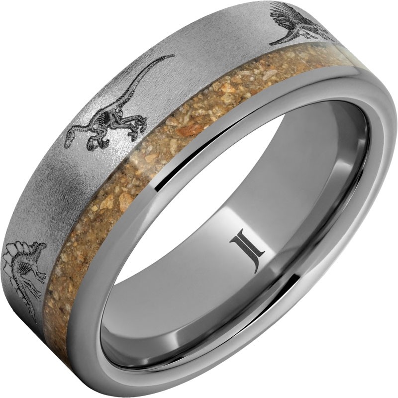 Dinosaur Skeleton Rugged Tungsten&trade; Ring with Dinosaur Fossil Inlay