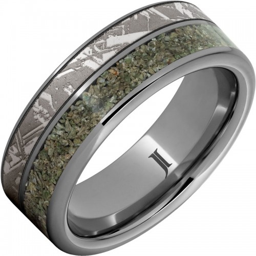 Death from the Sky - Rugged Tungsten&trade; Dinosaur Fossil Inlay Ring with Meteorite Engraving