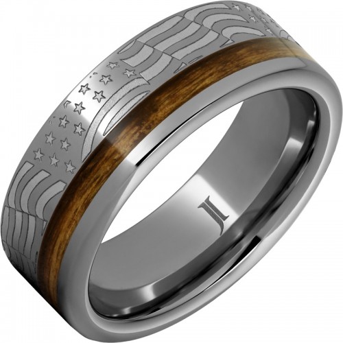 Whiskey Rebellion - Rugged Tungsten&trade; Ring with Bourbon Barrel Inlay and American Flag Engraving