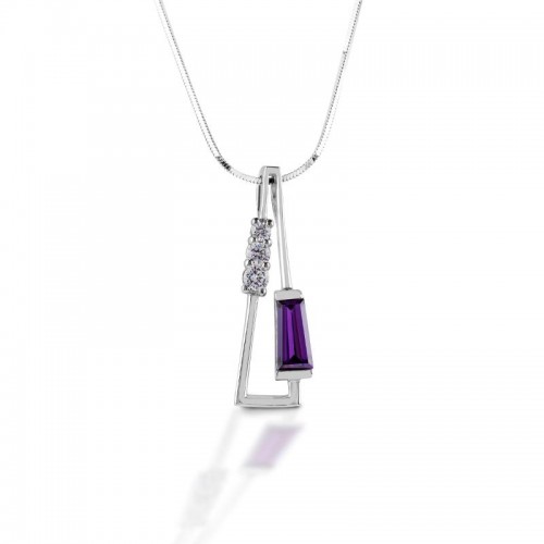 925 Silver Elongated Triangle With Clear Round And Purple Color Tapered Cut Cz