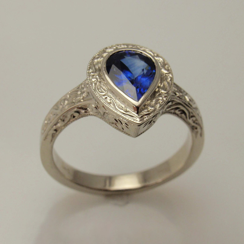 Custom Engraved Halo Sapphire Ring - 1000297