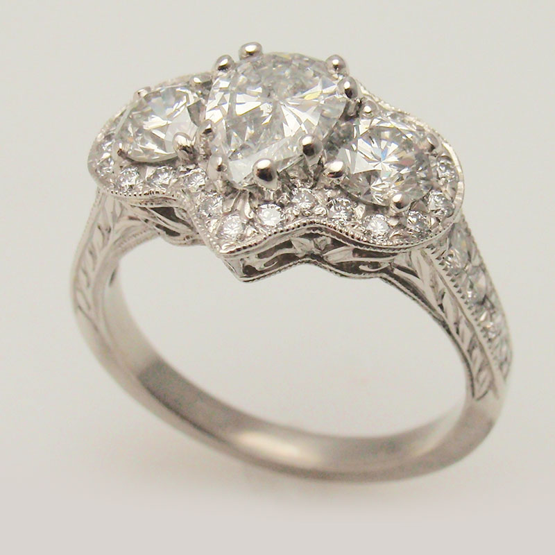 Custom Three Stone Halo Diamond Ring