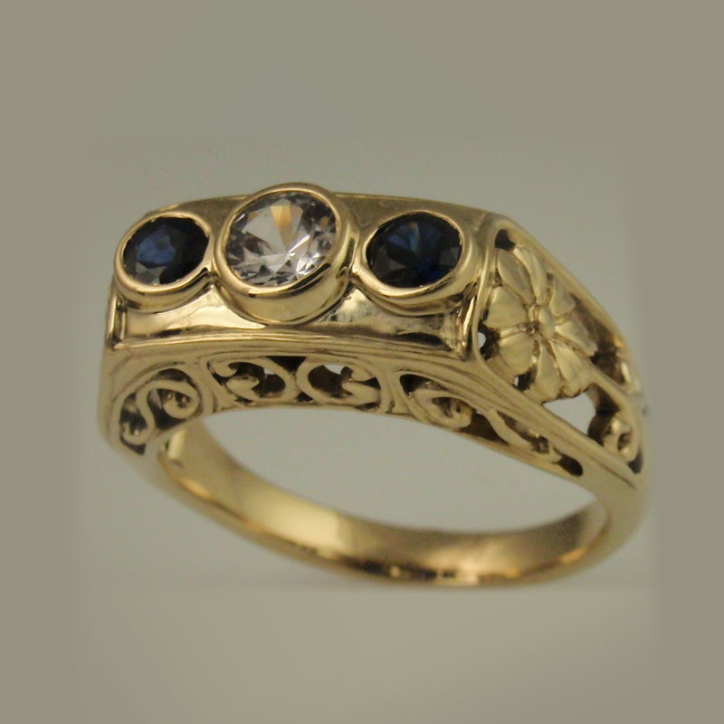 Custom Bezel Set Three Stone Filigree Ring