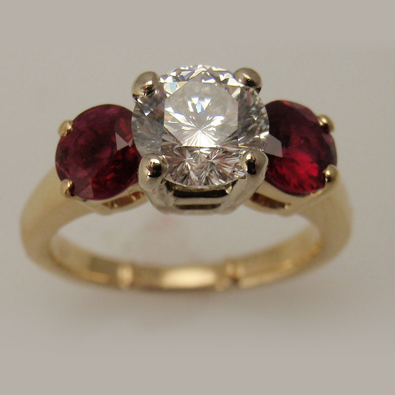 Custom Diamond & Ruby Three Stone Ring