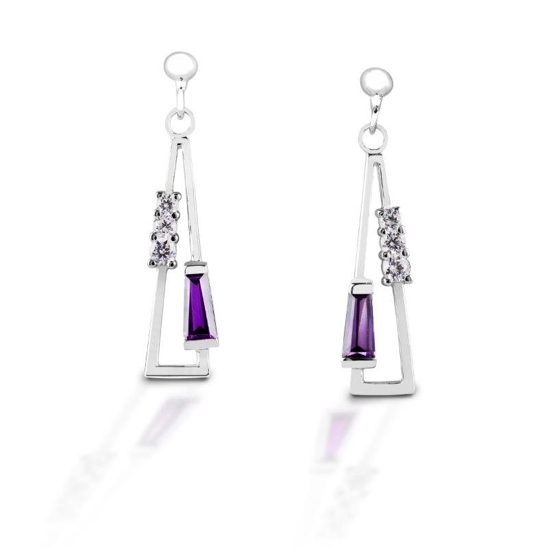 925 Silver Elongated Triangle With Clear Round And Purple Color Tapered Cut Cz