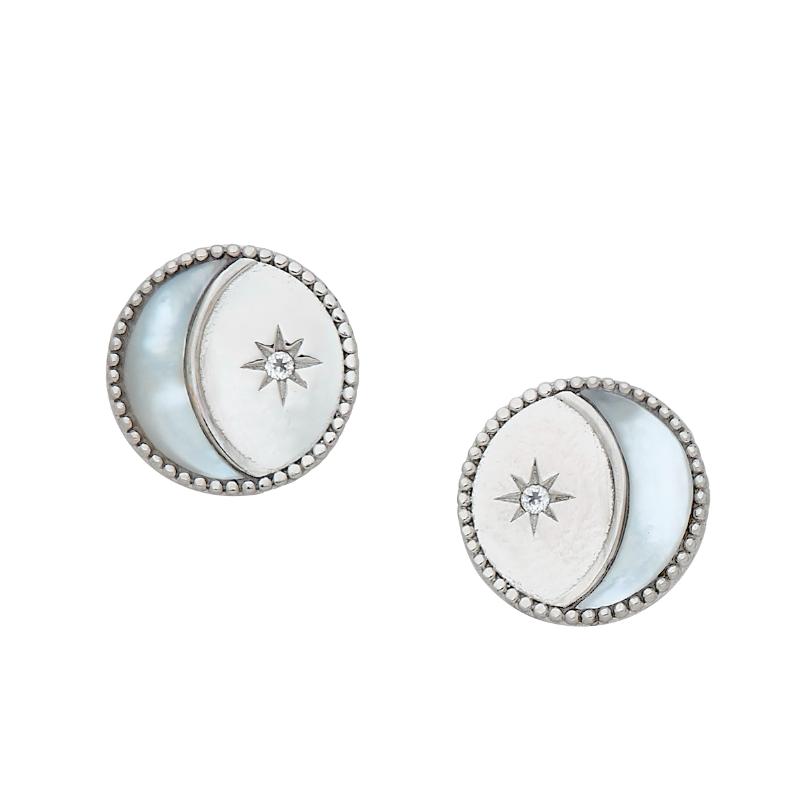 925 Silver Moon And Star Earrings With Mother Of Pearl + Genuine White Topaz