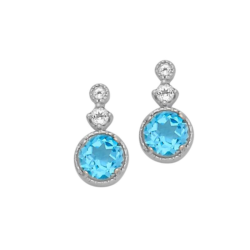 925 Silver Earrings With A Round Swiss Blue Topaz Center And White Topaz Accents