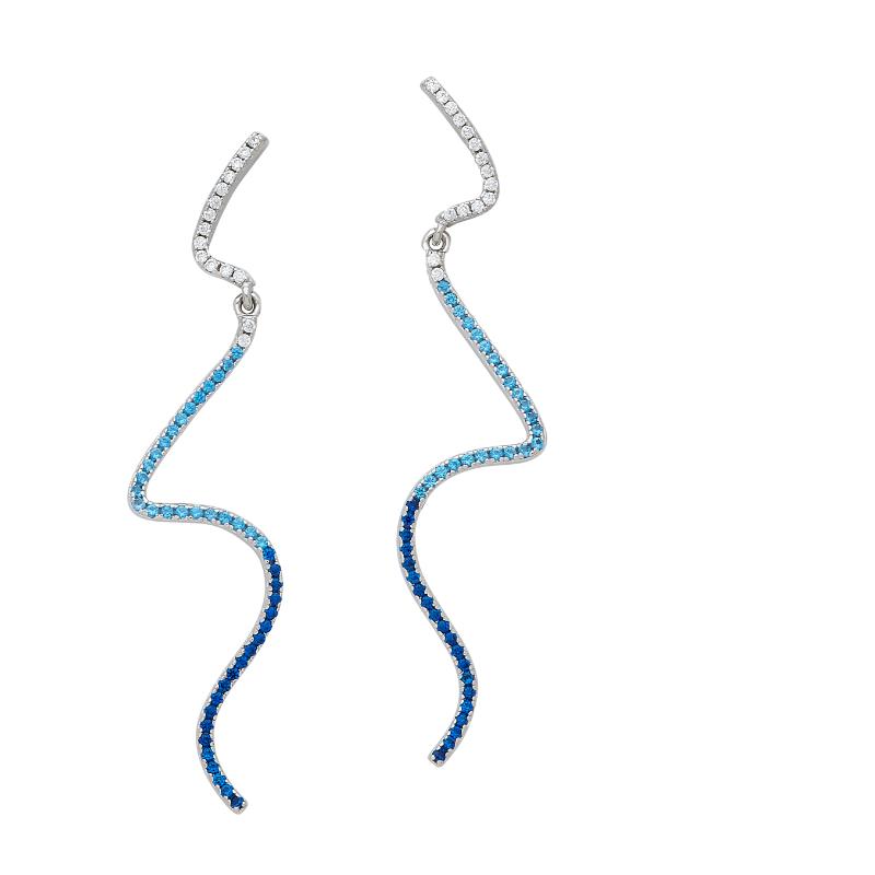 925 Sterling Silver Squiggle Line Swing Post Earrings With Clear, Sky Blue And Dark Blue Cz