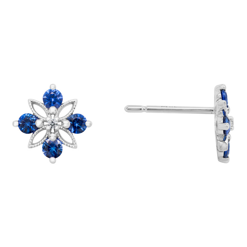 Blue Sapphire & Diamond Milgrain Stud Earrings