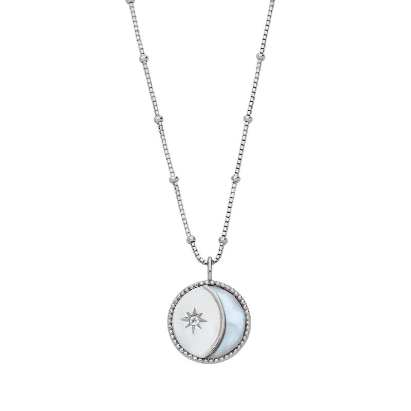 925 Silver Moon And Star Necklace With Mother Of Pearl + Genuine White Topaz; 16