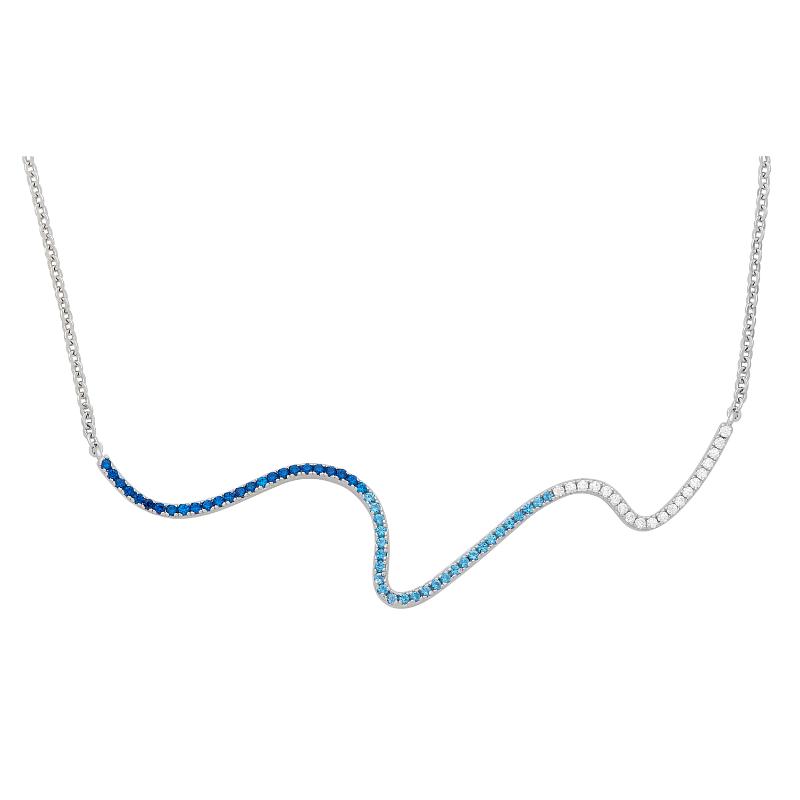 925 Sterling Silver Squiggle Line Necklace 16"+2" Ext With Clear, Sky Blue And Dark Blue Cz